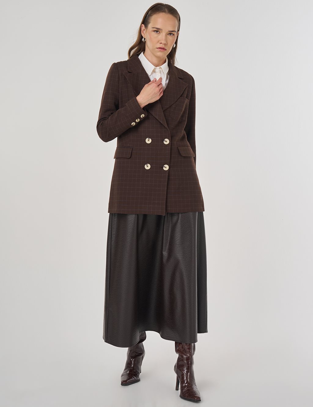 Ekose Desen Blazer Ceket Koyu Kahve 