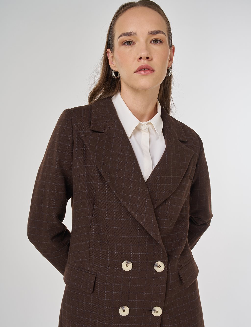 Ekose Desen Blazer Ceket Koyu Kahve 