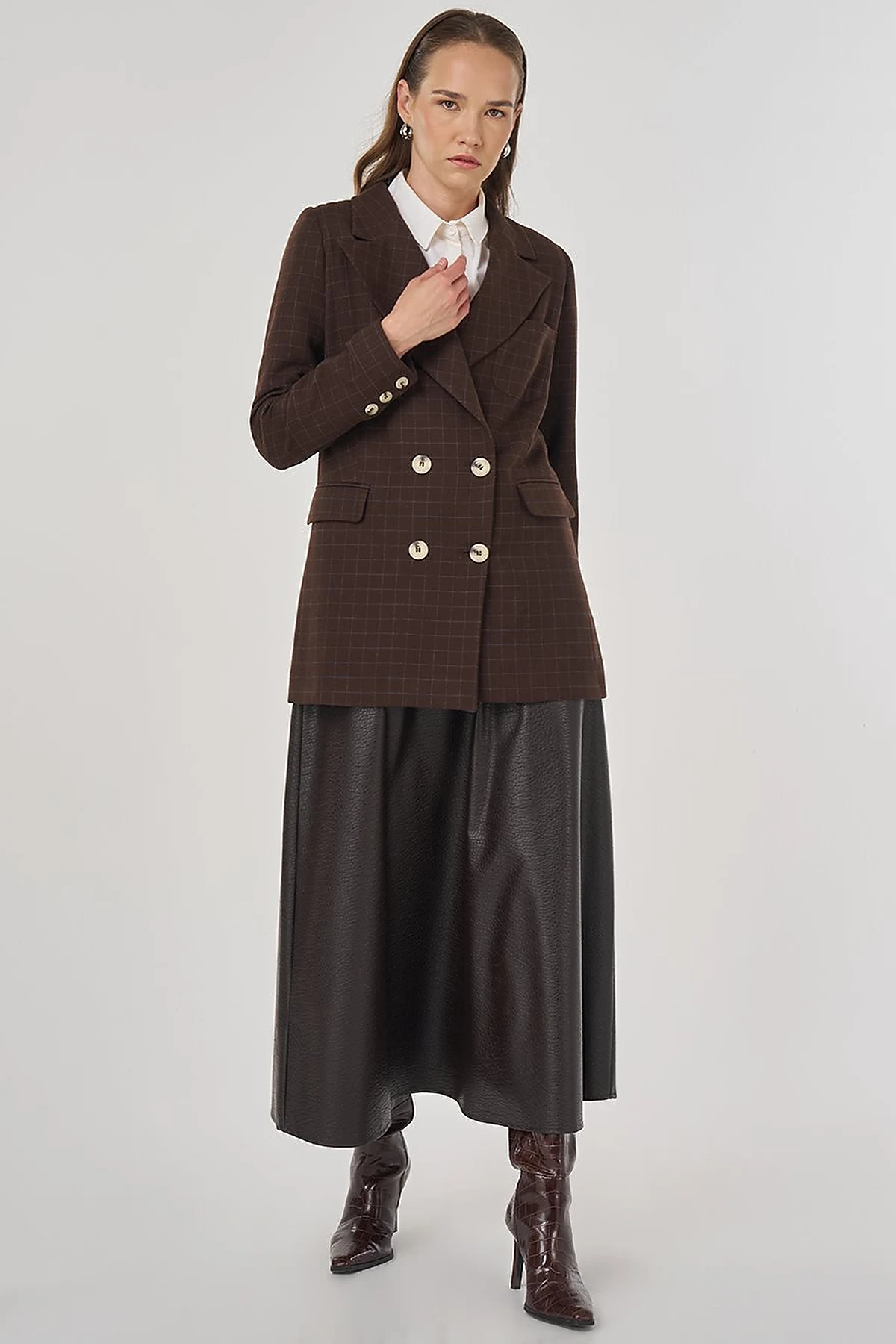 Ekose Desen Blazer Ceket Koyu Kahve 