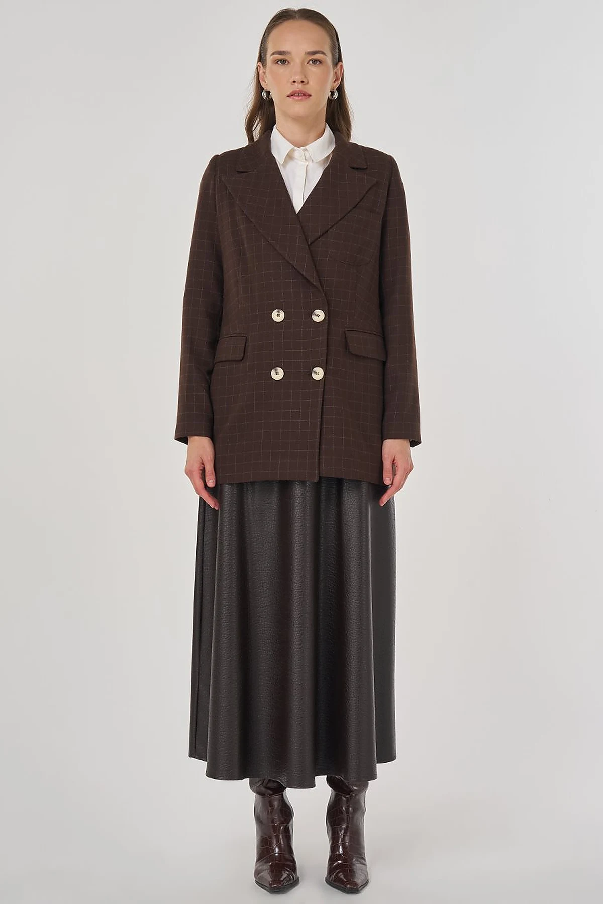 Ekose Desen Blazer Ceket Koyu Kahve 