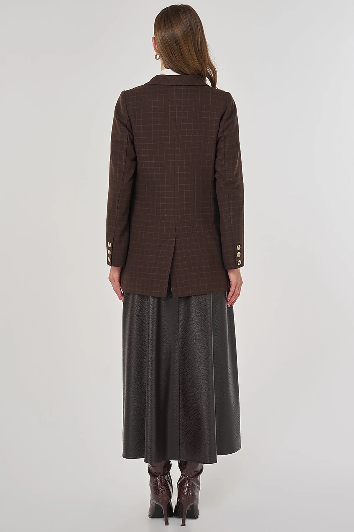 Ekose Desen Blazer Ceket Koyu Kahve 