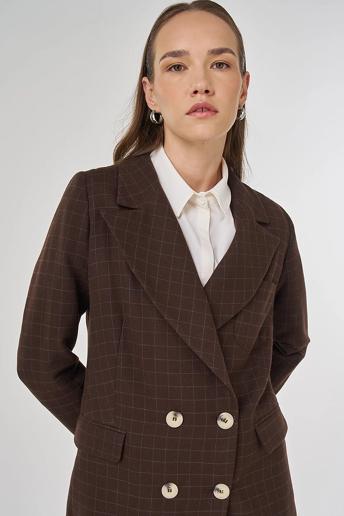 Ekose Desen Blazer Ceket Koyu Kahve 