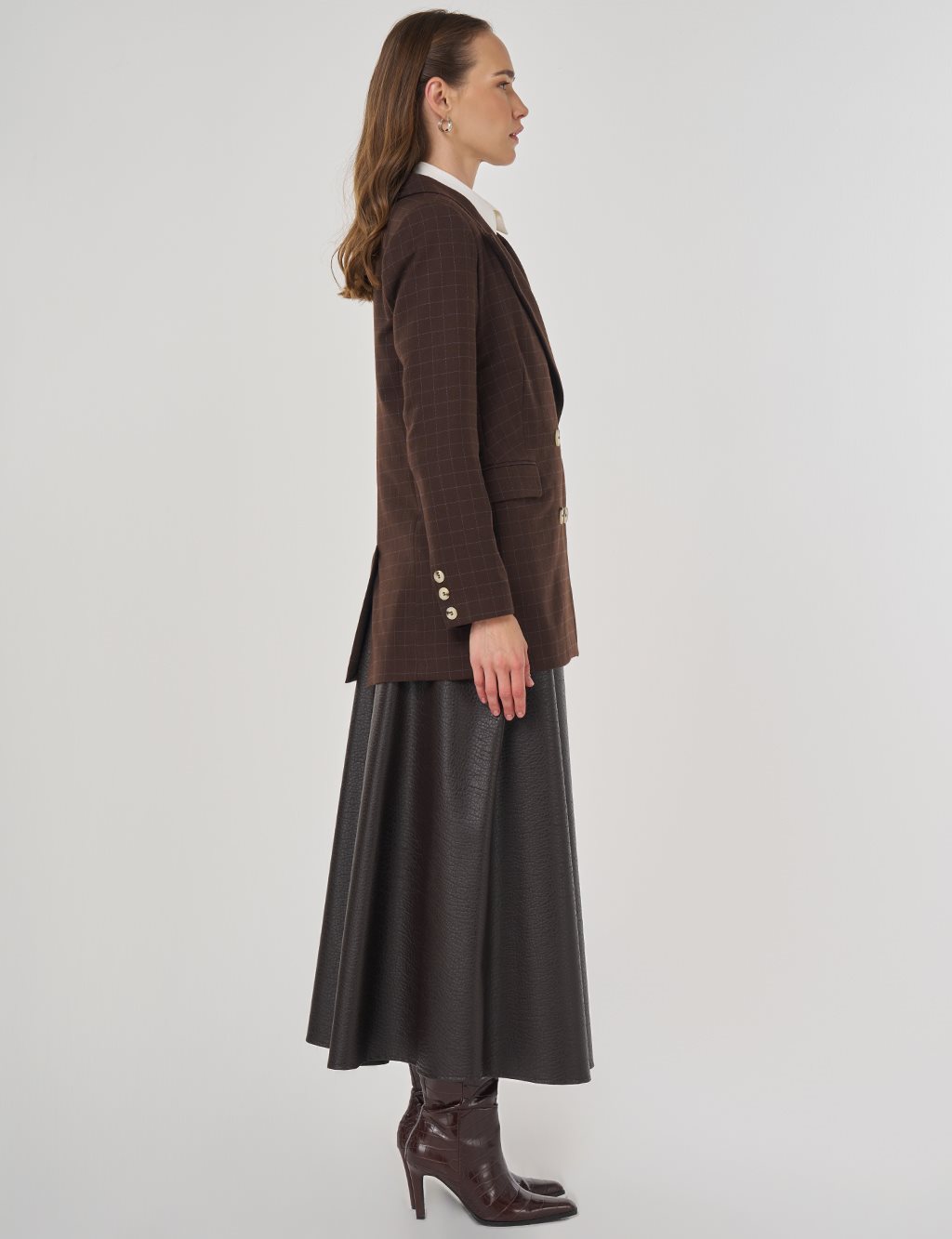 Ekose Desen Blazer Ceket Koyu Kahve 