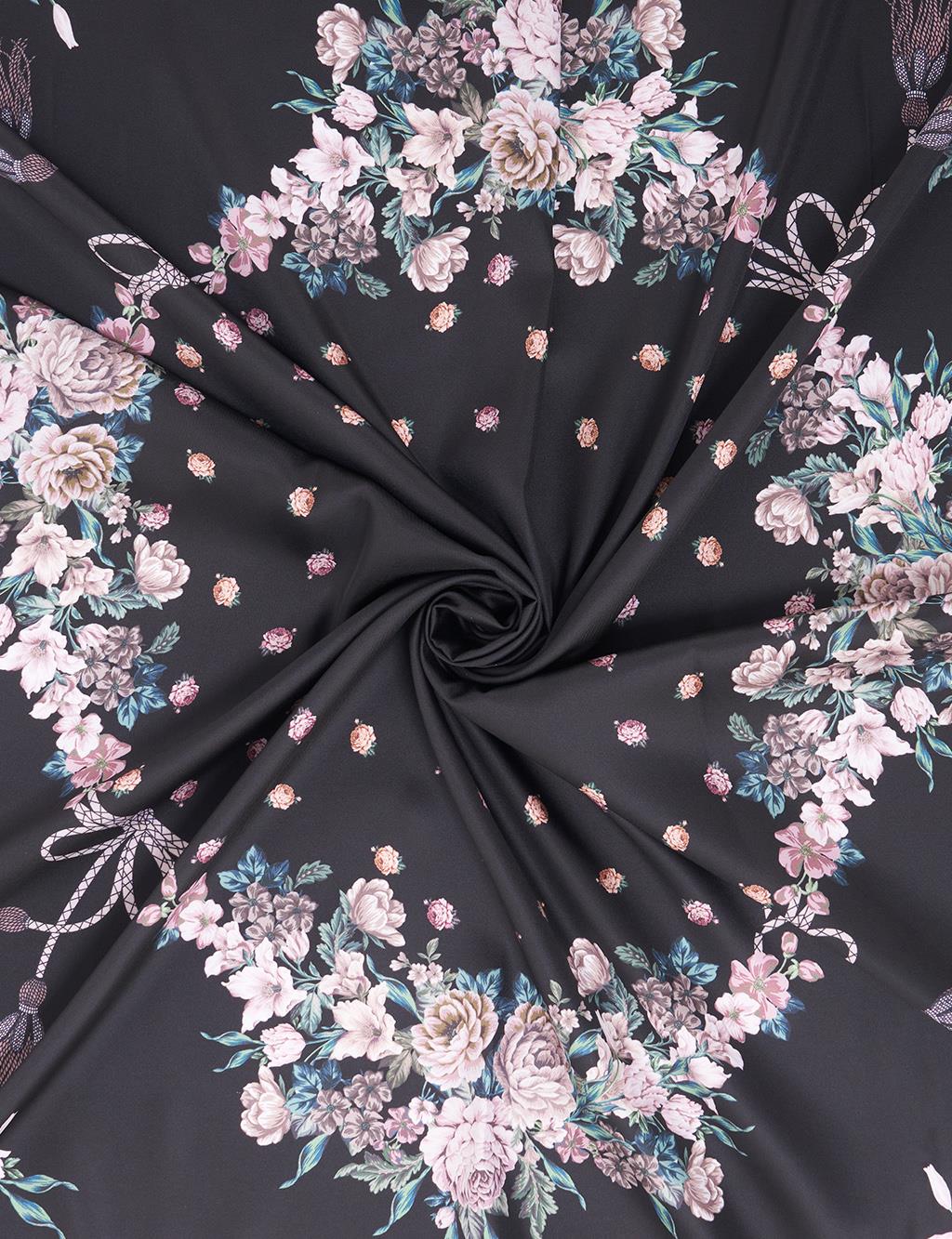 Minimal Çiçek Desenli Eşarp Siyah