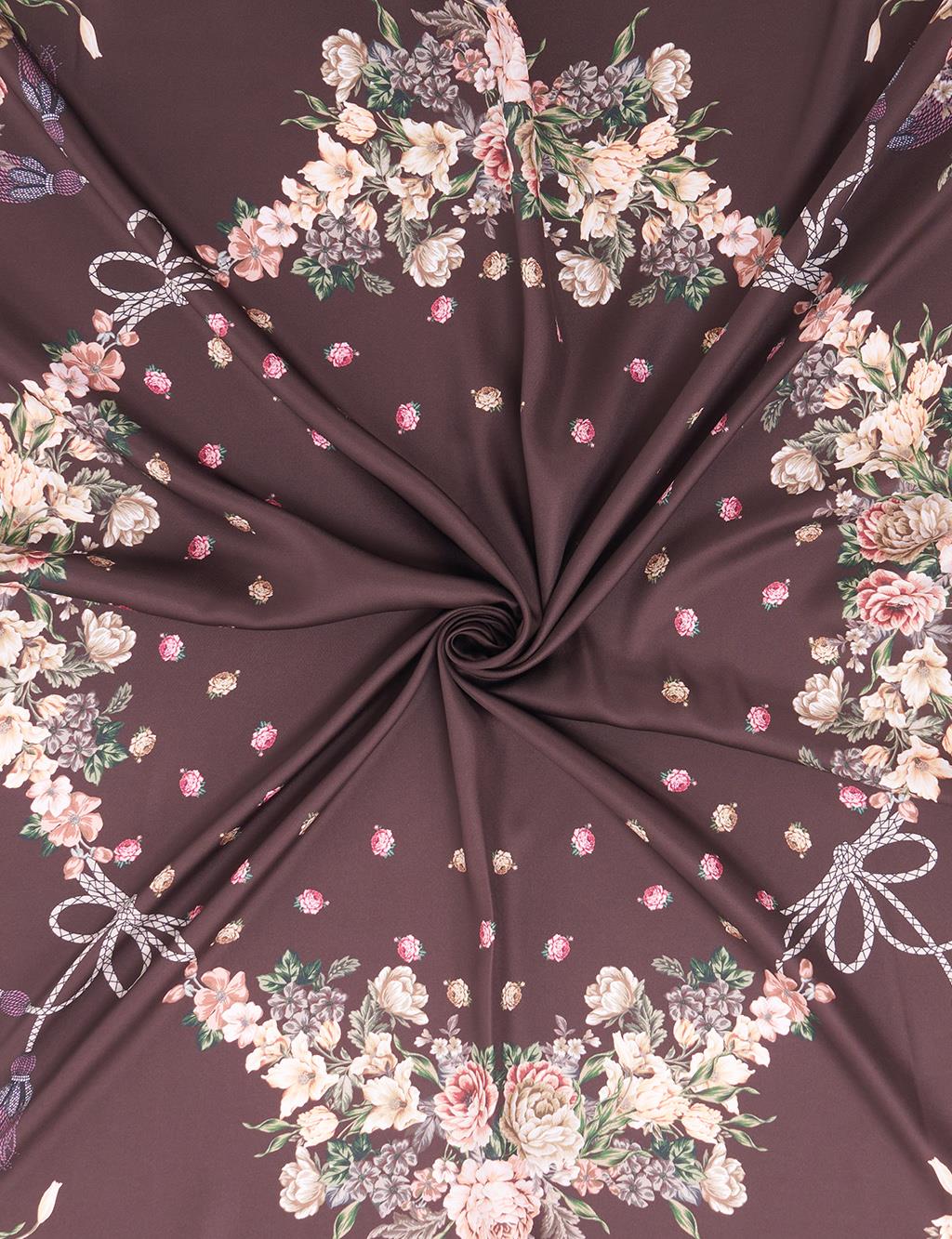 Minimal Çiçek Desenli Eşarp Koyu Kahve