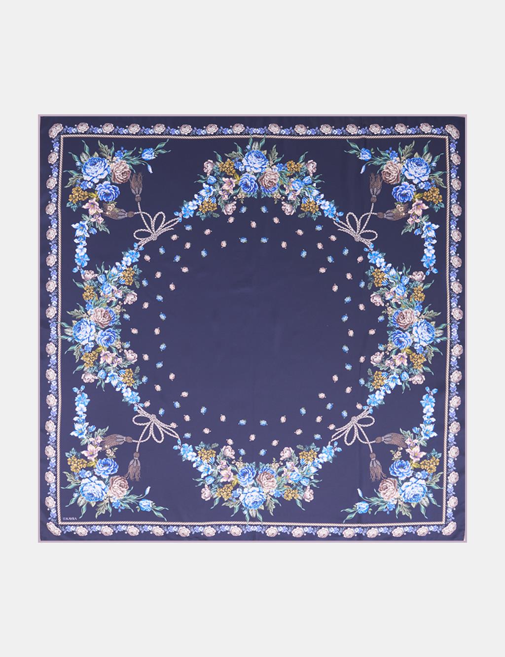 Minimal Çiçek Desenli Eşarp Lacivert