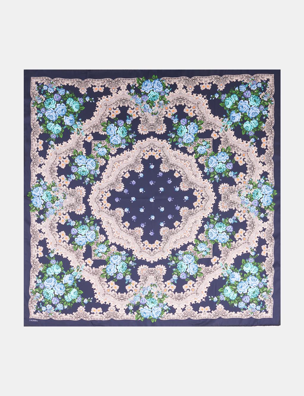 Retro Gül Desenli Eşarp Lacivert