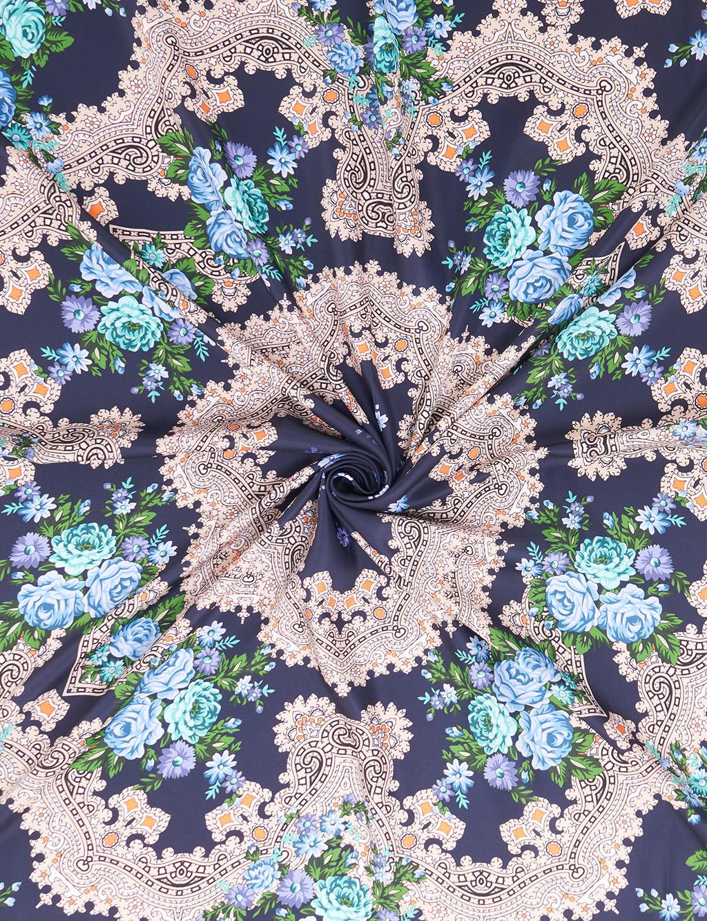 Retro Gül Desenli Eşarp Lacivert