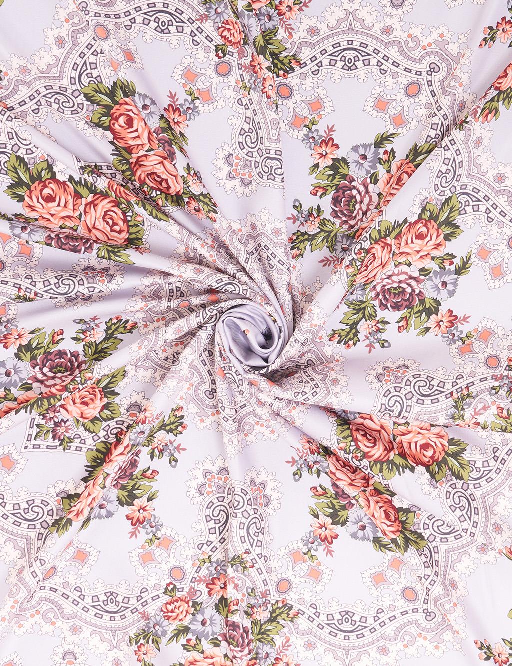 Retro Gül Desenli Eşarp Gri