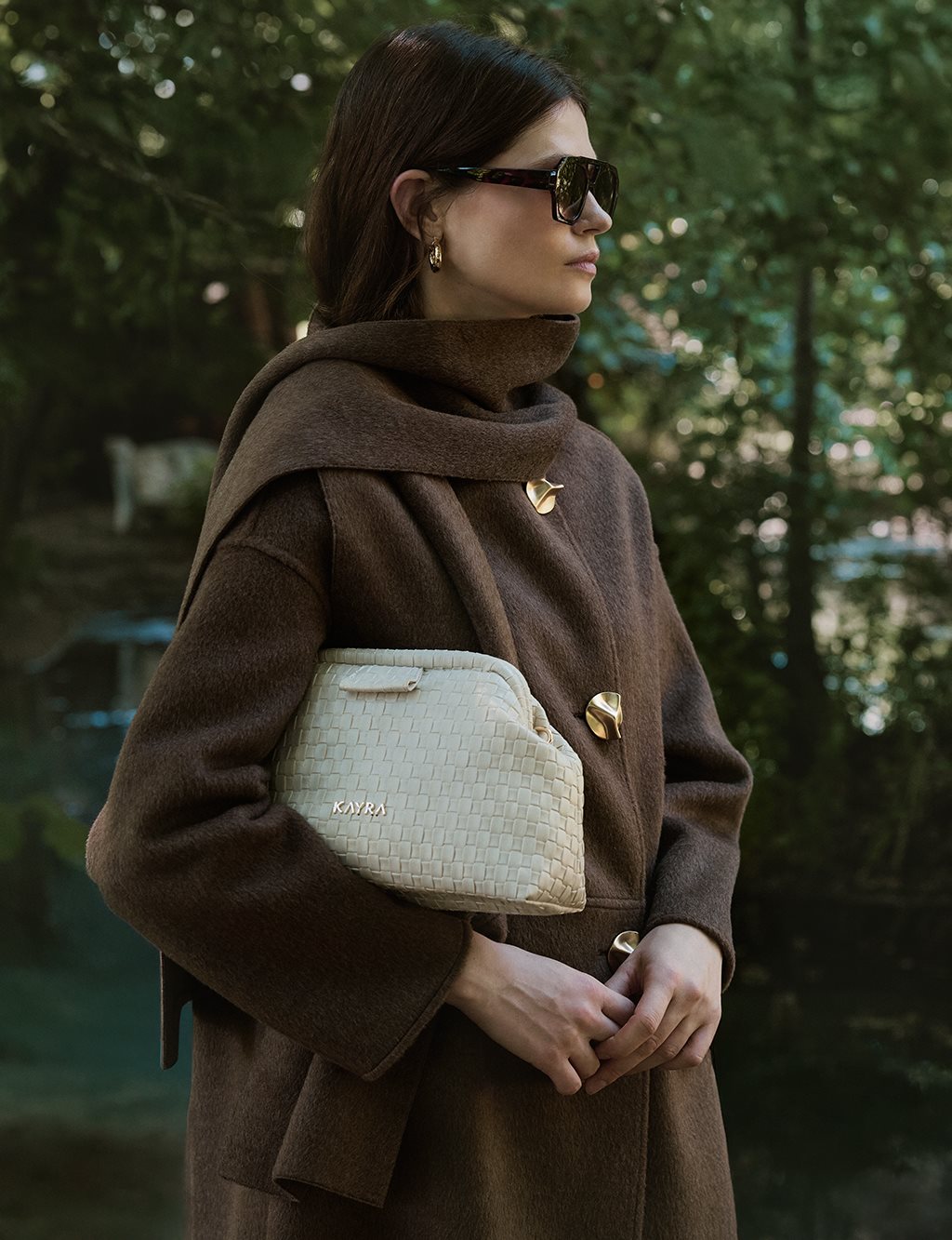 Button-Detailed Scarfed Cashmere Coat in Bitter Brown