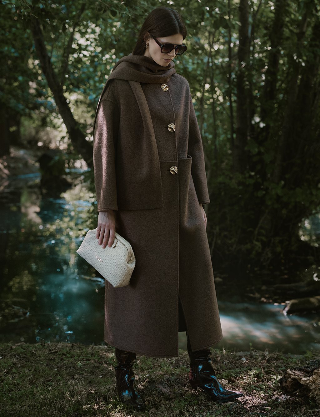 Button-Detailed Scarfed Cashmere Coat in Bitter Brown