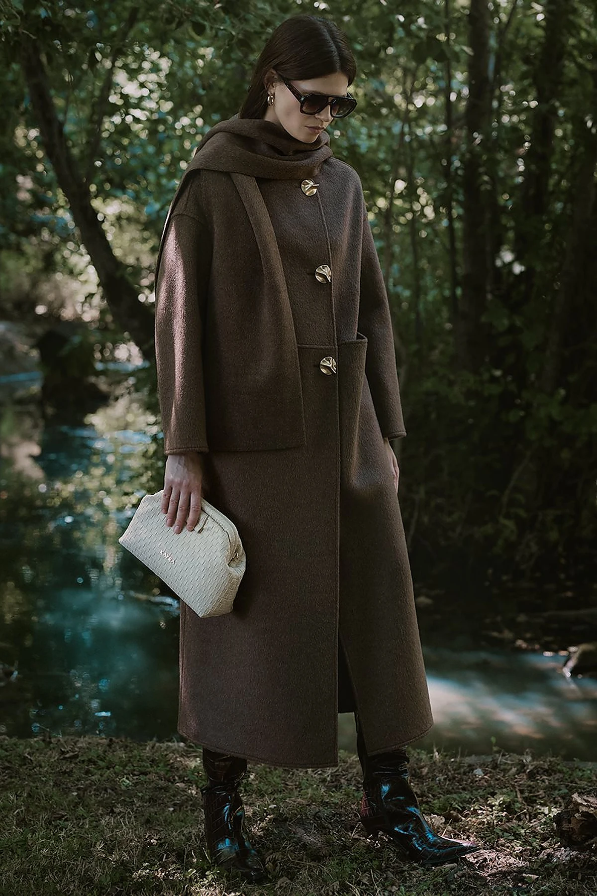 Button-Detailed Scarfed Cashmere Coat in Bitter Brown