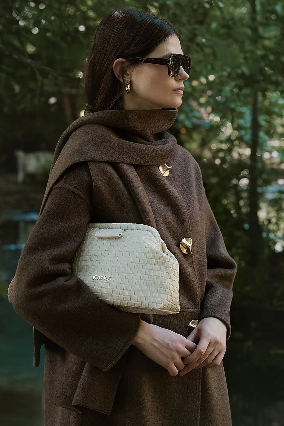 Button-Detailed Scarfed Cashmere Coat in Bitter Brown