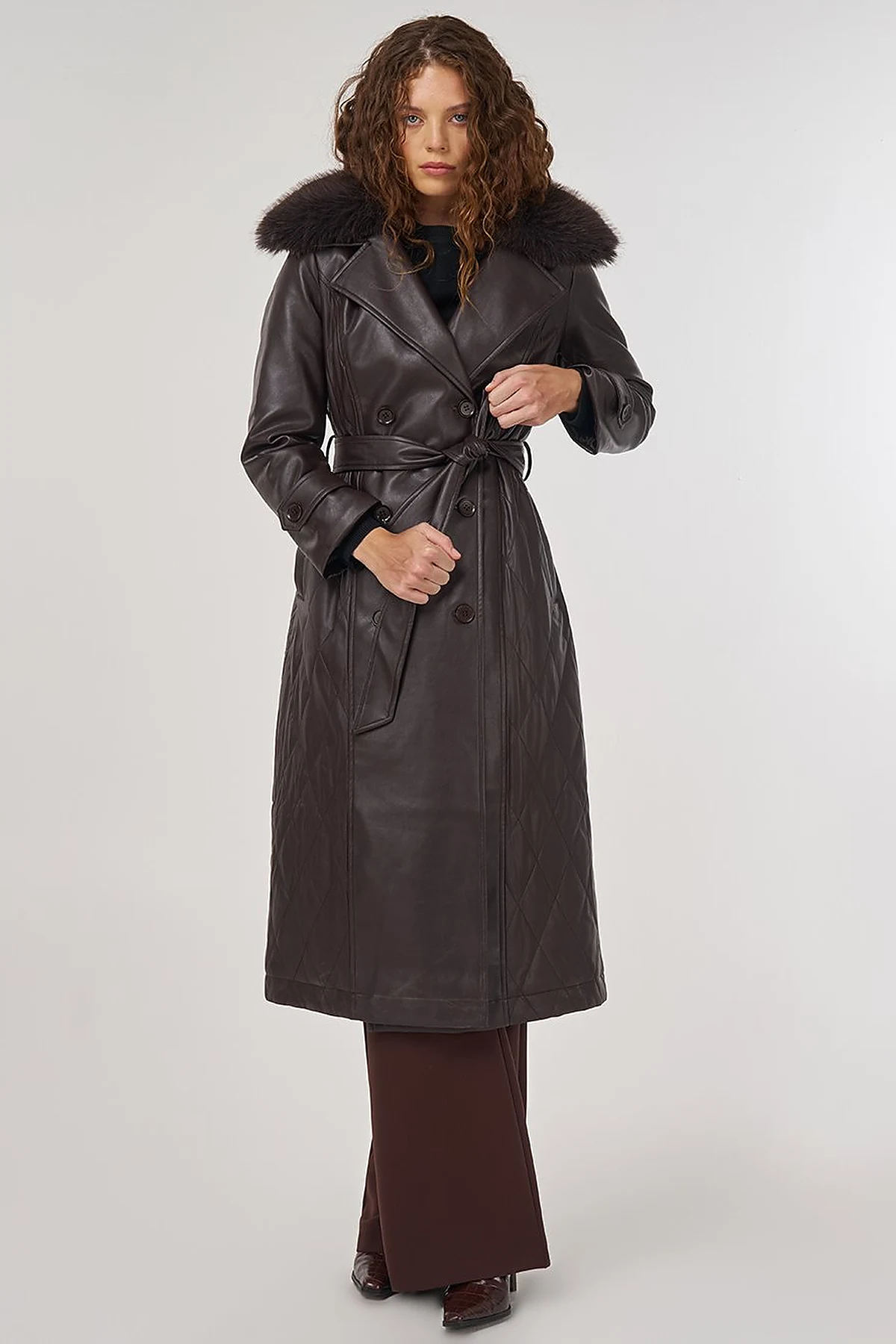 Faux Fur Leather Coat Brown
