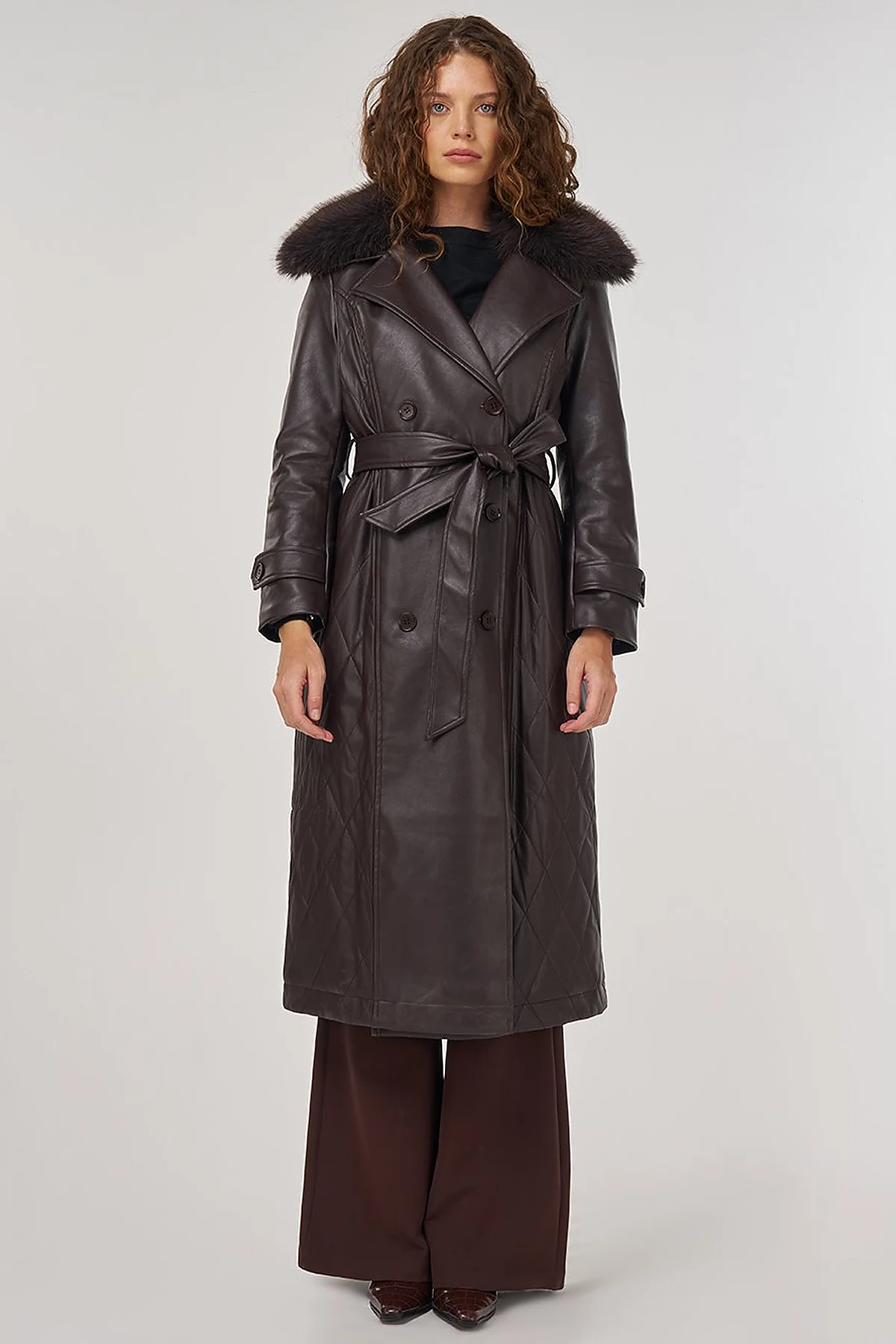 Faux Fur Leather Coat Brown