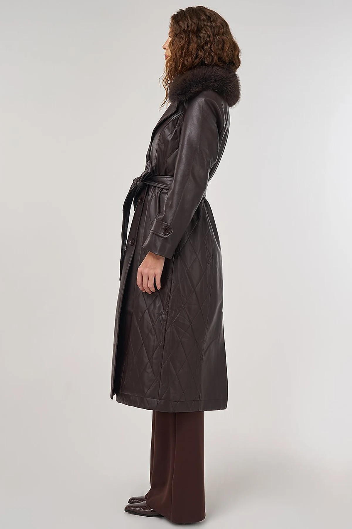 Faux Fur Leather Coat Brown