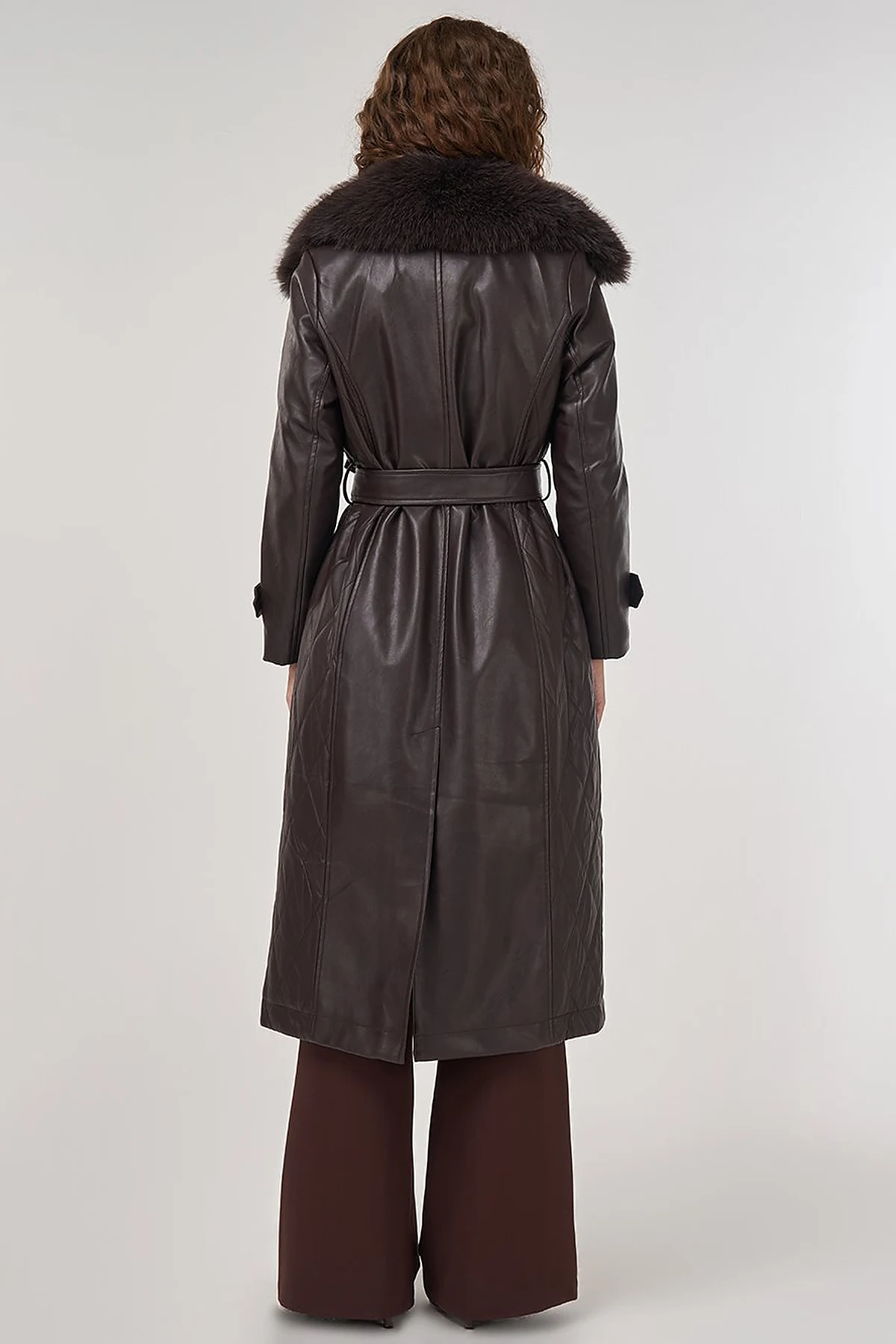 Faux Fur Leather Coat Brown