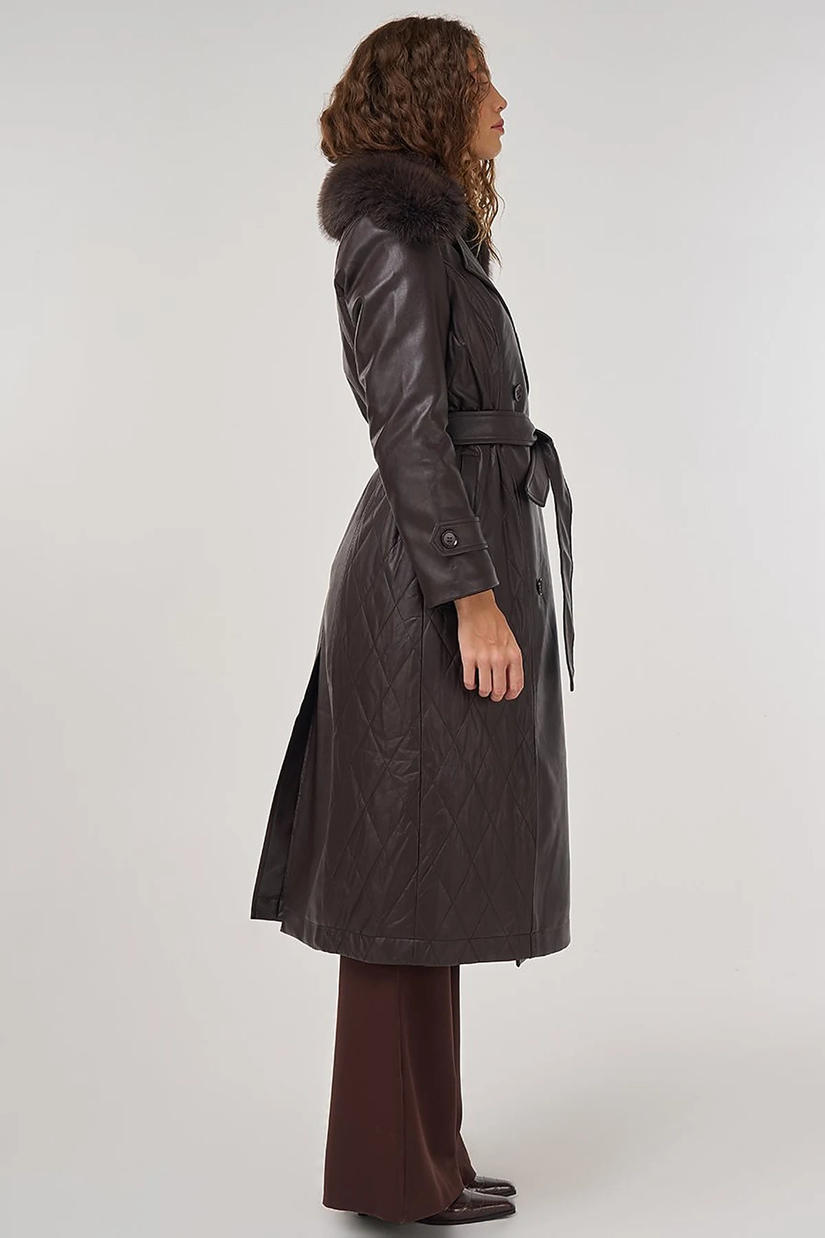 Faux Fur Leather Coat Brown