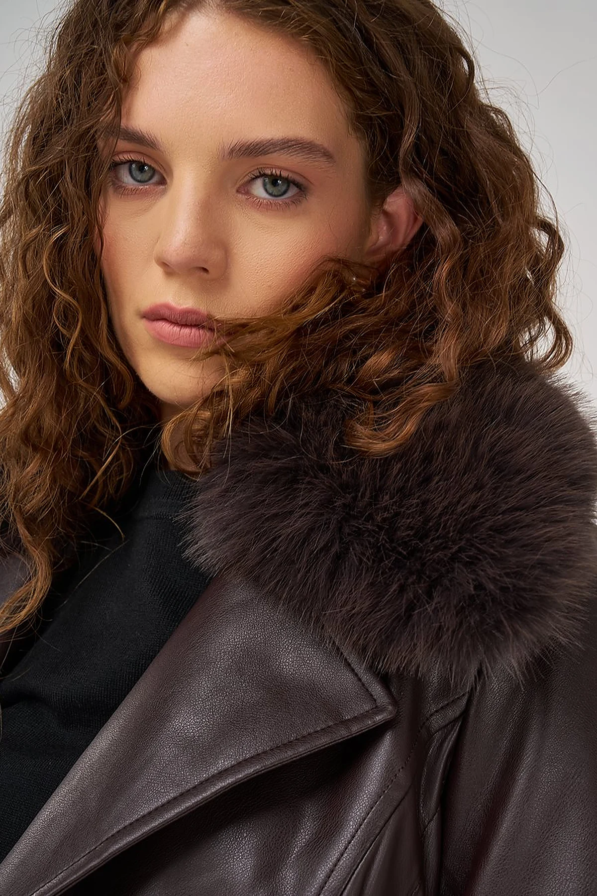 Faux Fur Leather Coat Brown
