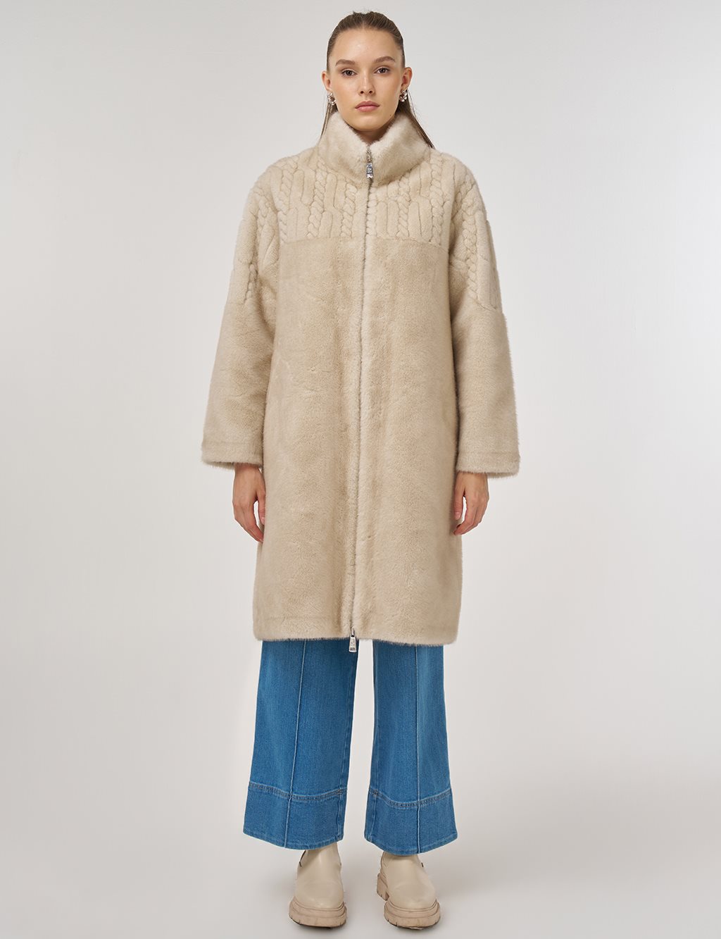 Stand-Collar Plush Coat Cream 
