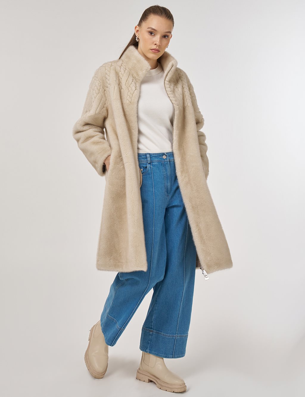 Stand-Collar Plush Coat Cream 