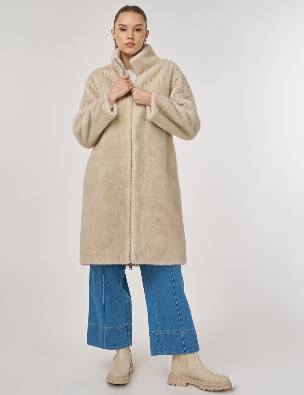 Stand-Collar Plush Coat Cream 