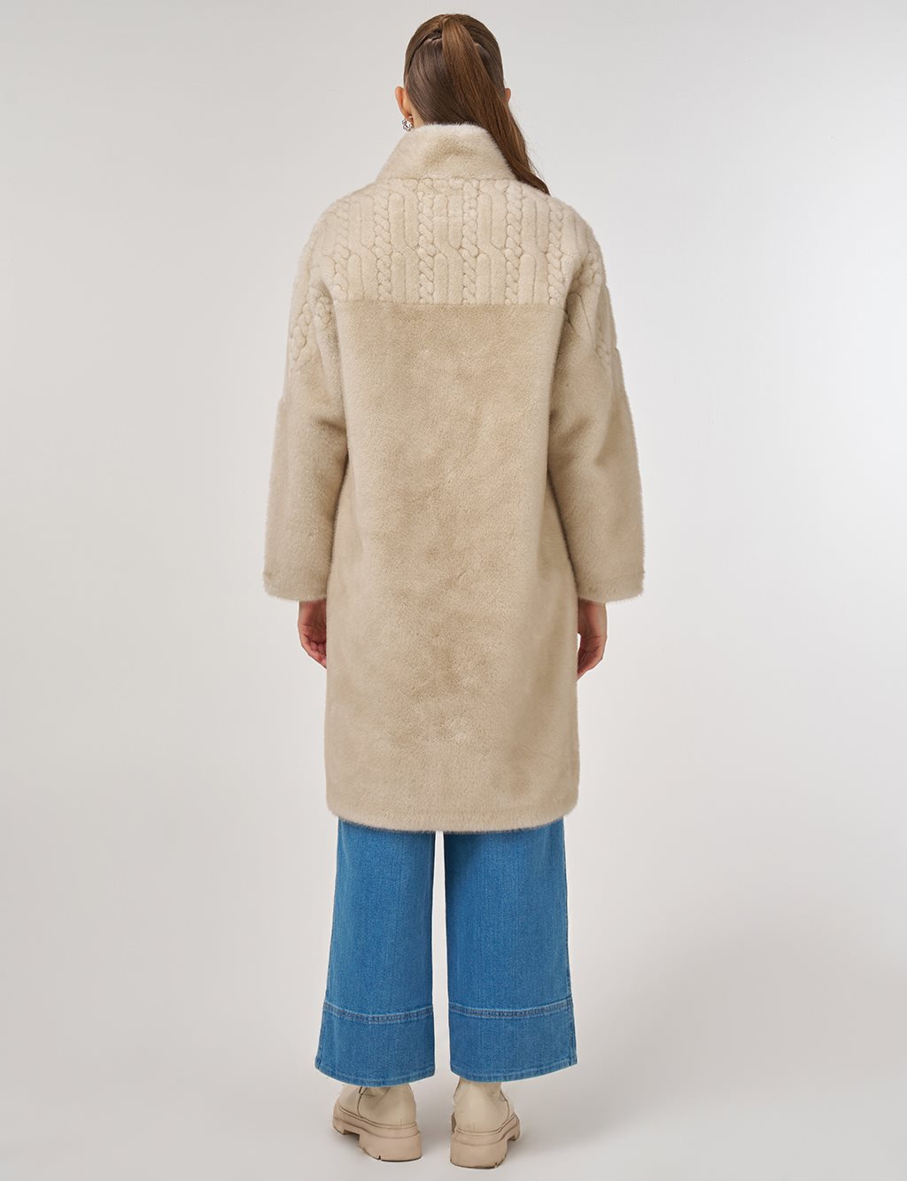 Stand-Collar Plush Coat Cream 