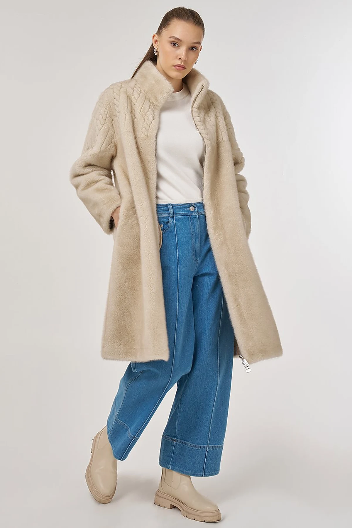 Stand-Collar Plush Coat Cream 