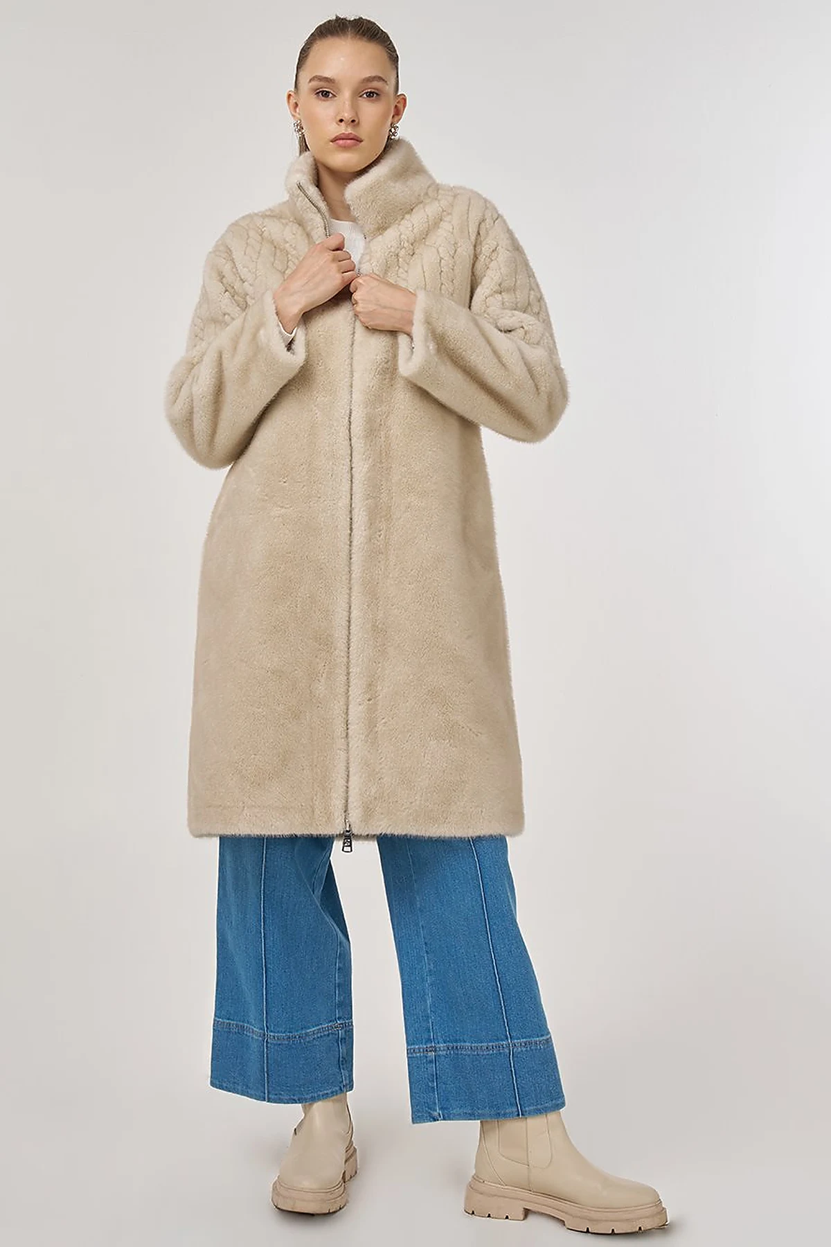 Stand-Collar Plush Coat Cream 