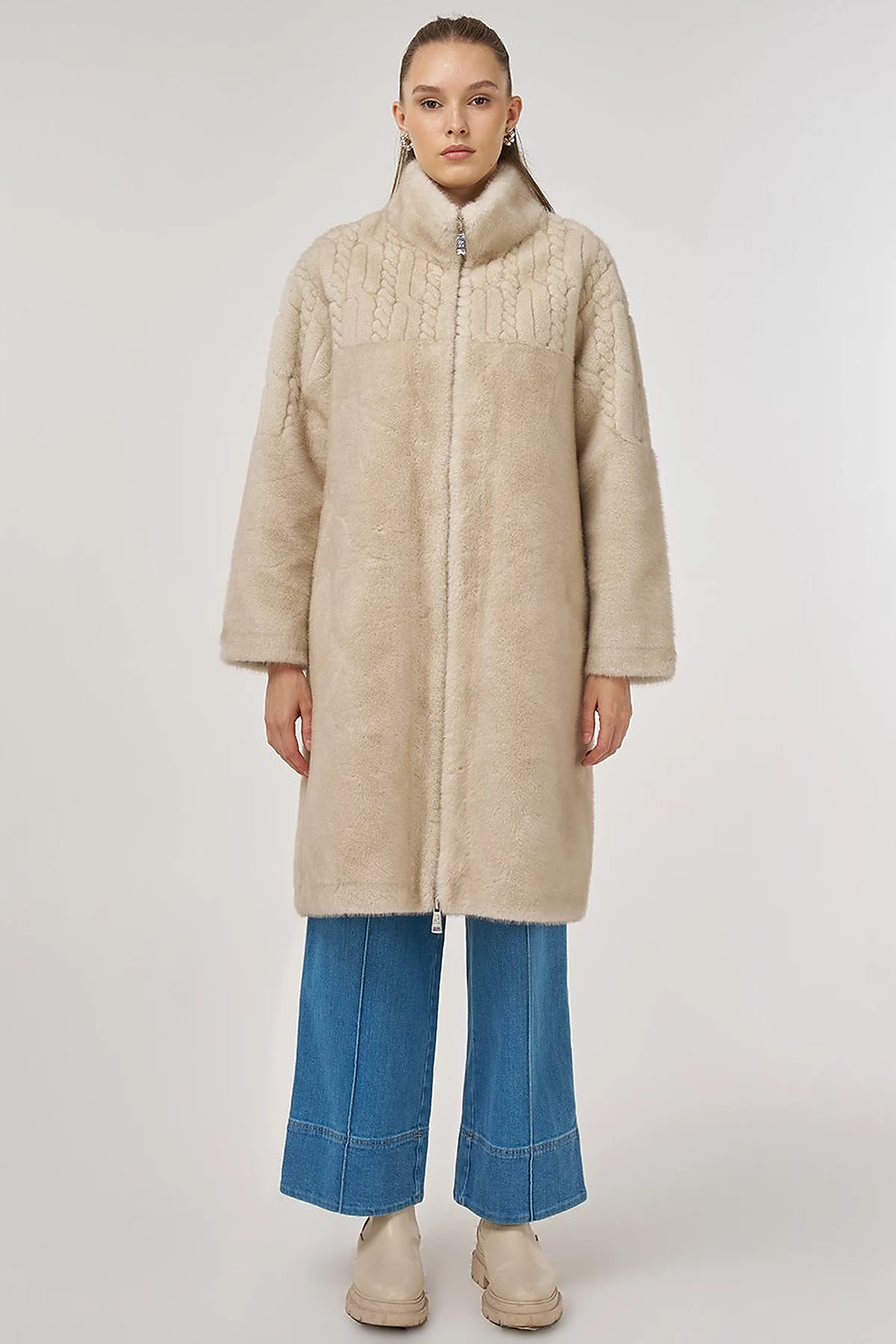 Stand-Collar Plush Coat Cream 