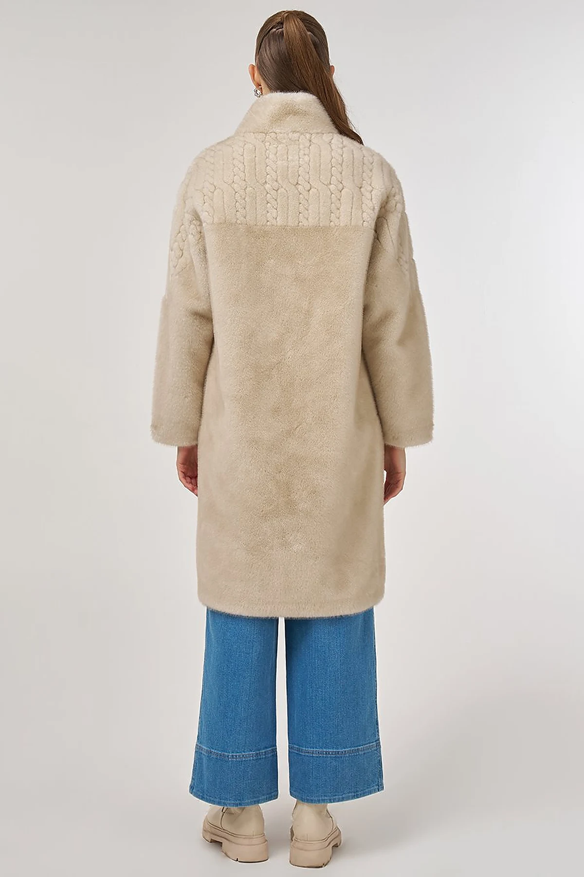 Stand-Collar Plush Coat Cream 