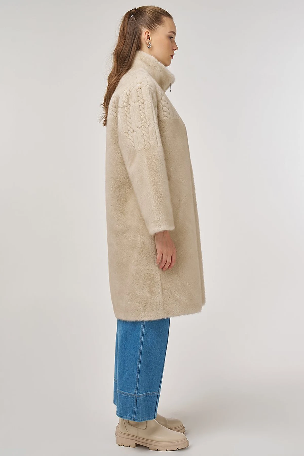 Stand-Collar Plush Coat Cream 