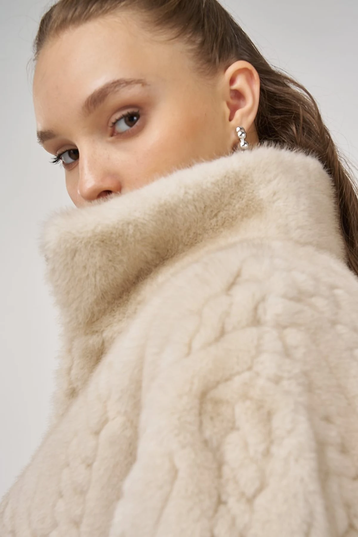 Stand-Collar Plush Coat Cream 
