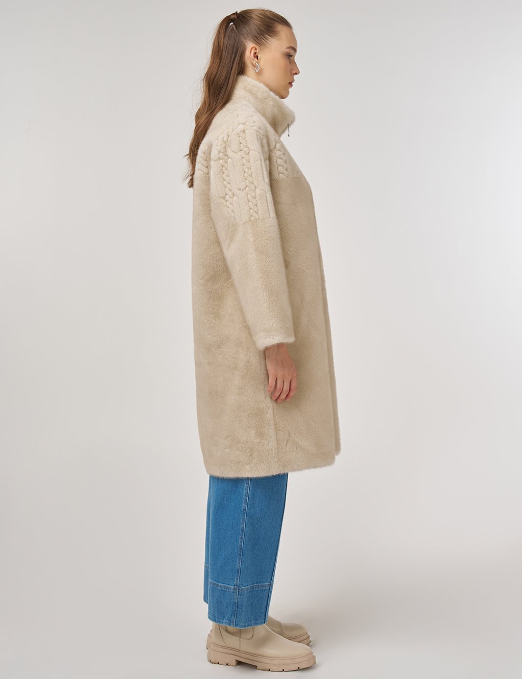 Stand-Collar Plush Coat Cream 