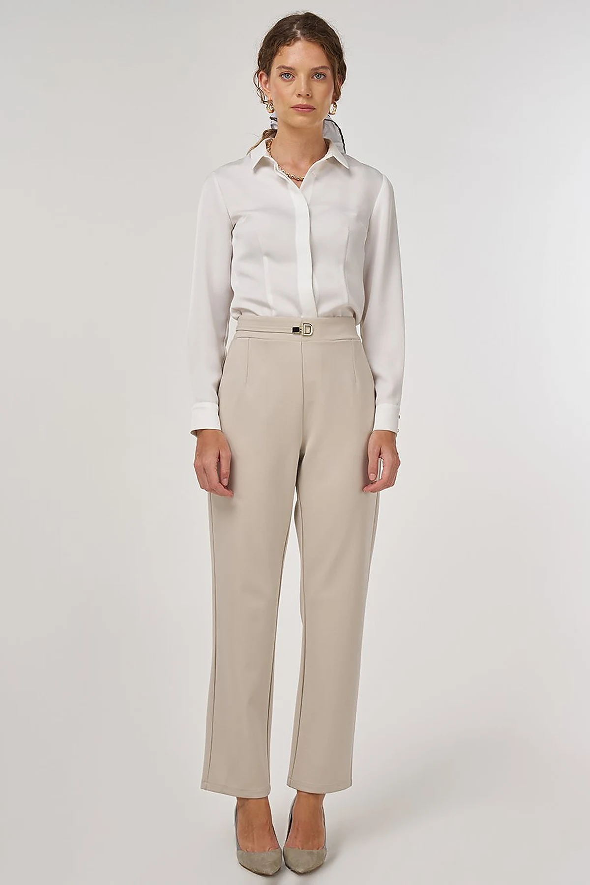 Metal-Buckled Straight-Leg Pants Stone