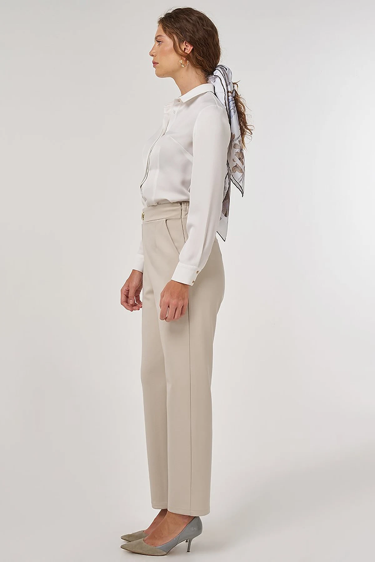Metal-Buckled Straight-Leg Pants Stone