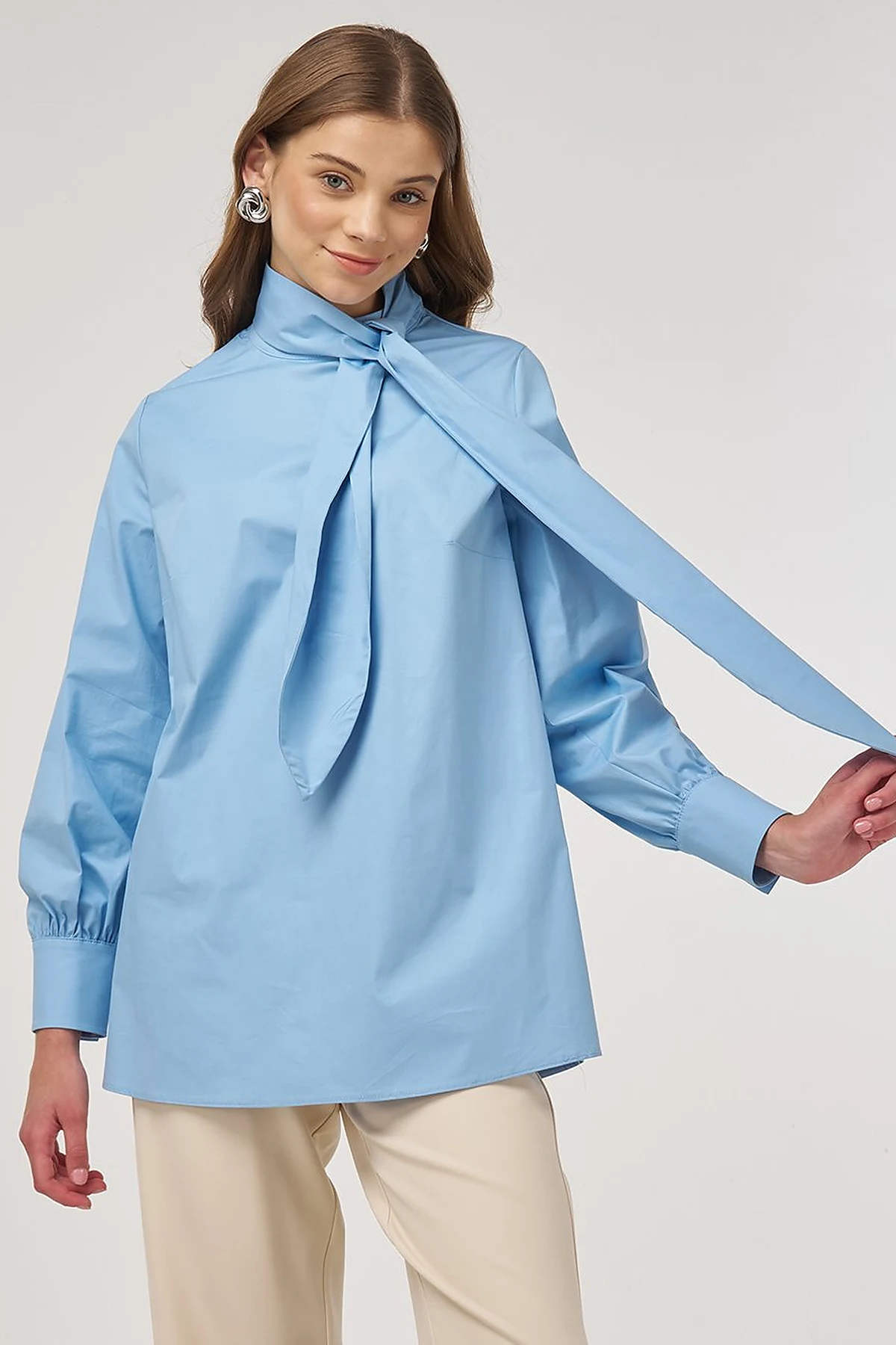 Collar Detailed Cotton Tunic Dusty Smoke