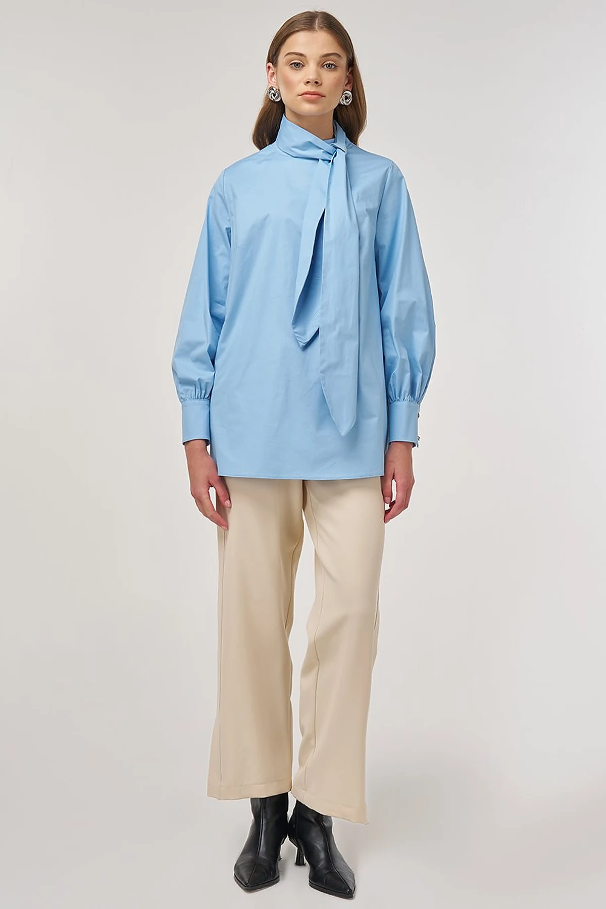 Collar Detailed Cotton Tunic Dusty Smoke