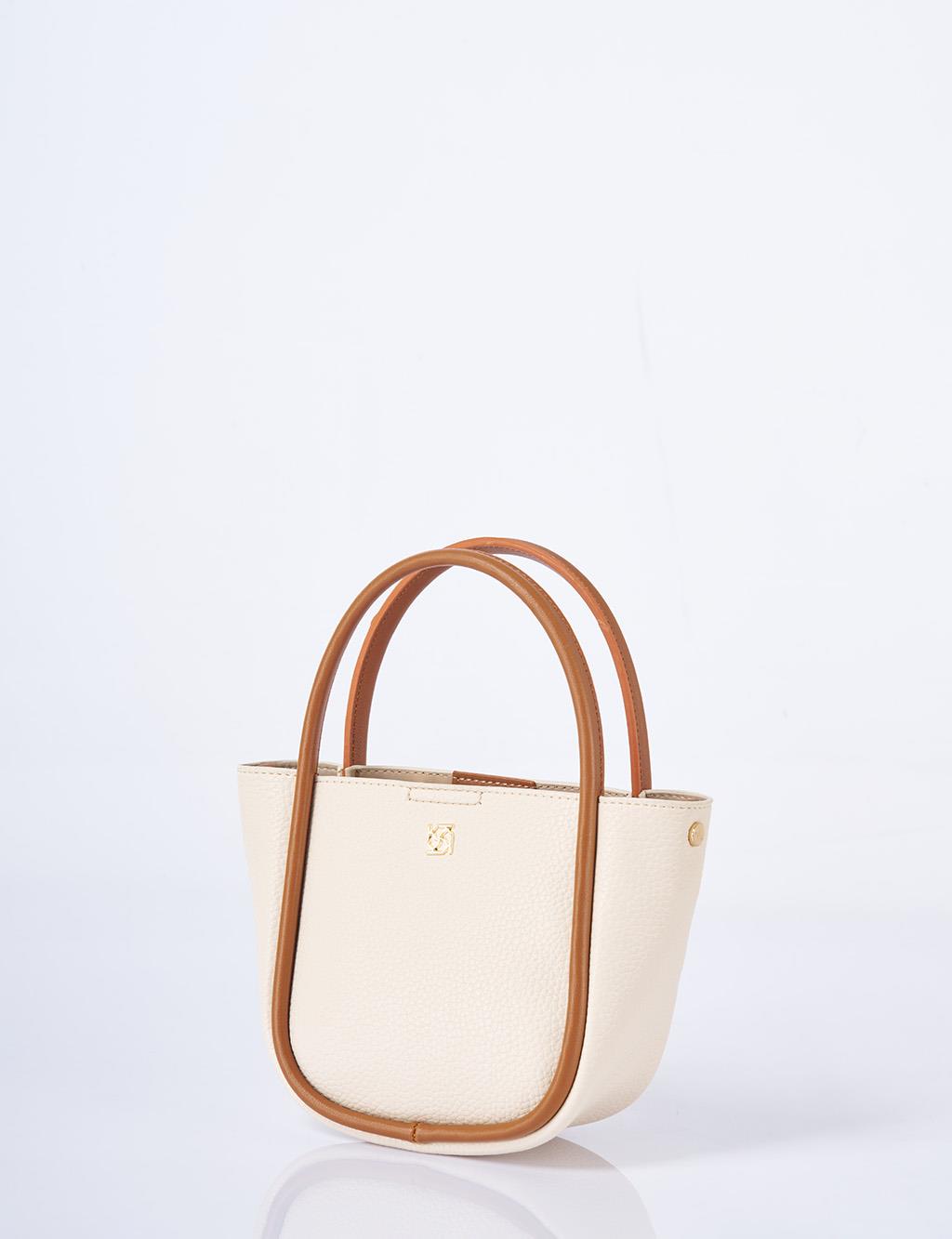 Faux Leather Small Tote Bag Beige