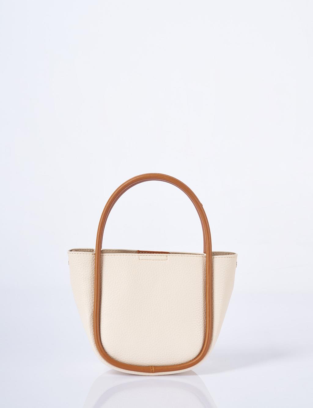 Faux Leather Small Tote Bag Beige