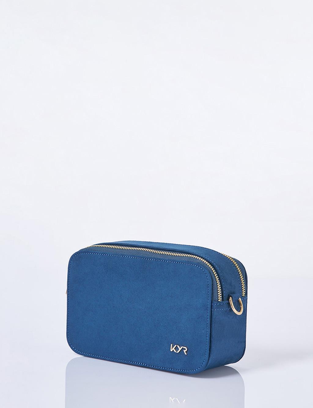 Logo Detailed Suede Bag Navy Blue
