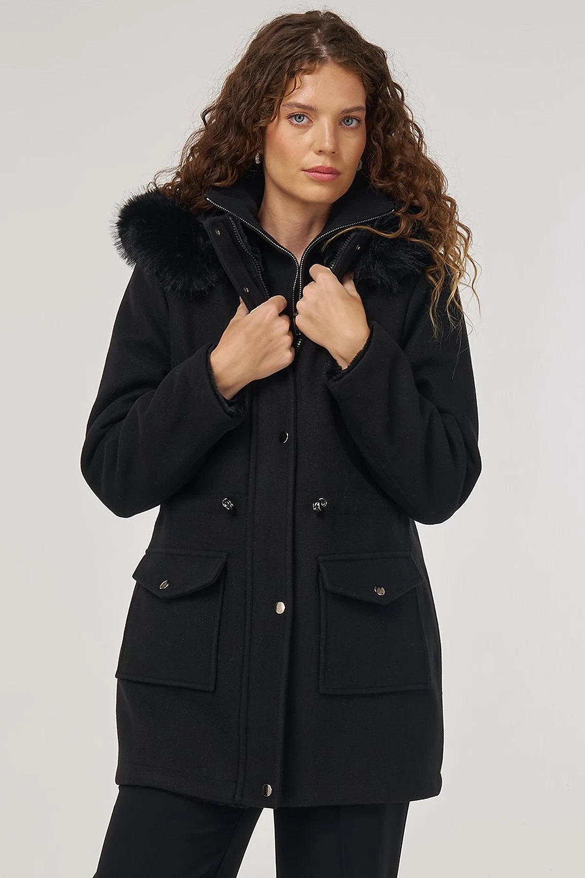 Reversible Coat with Fur Details Black
