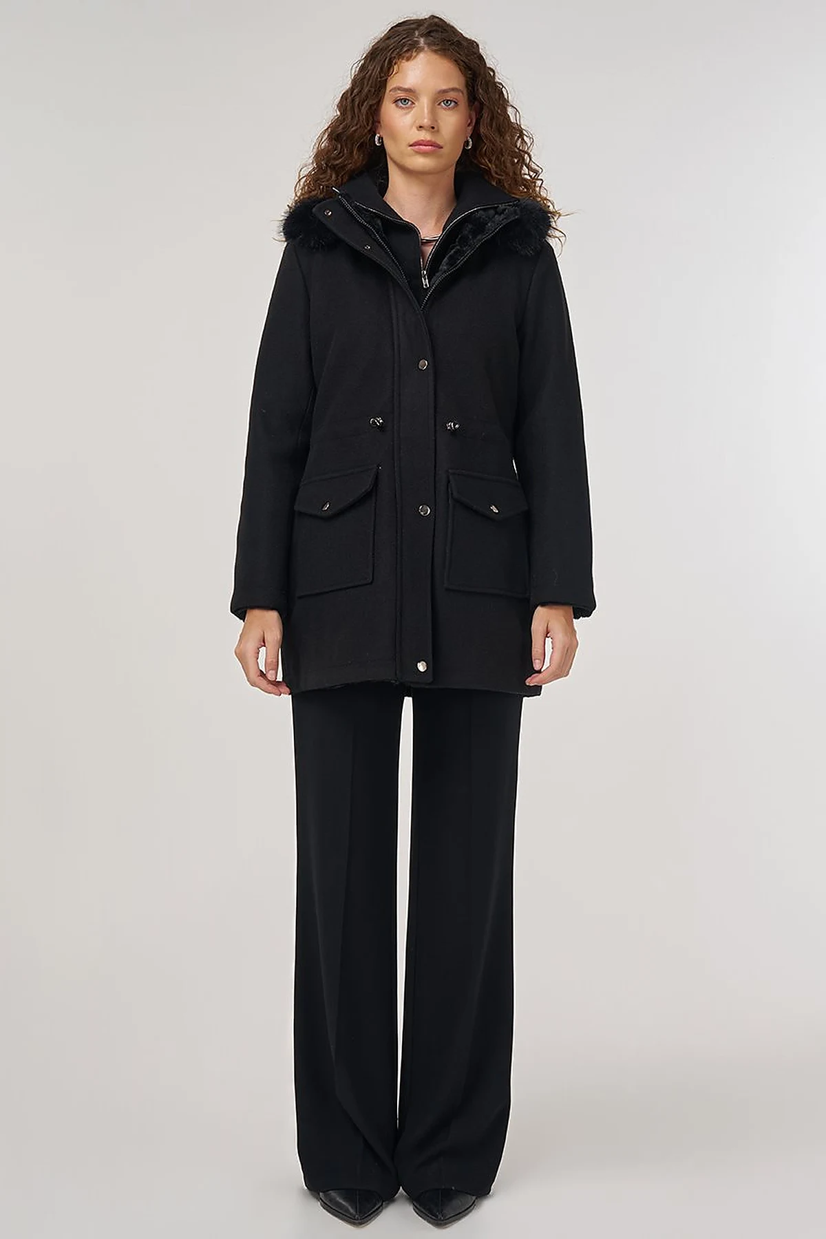 Reversible Coat with Fur Details Black