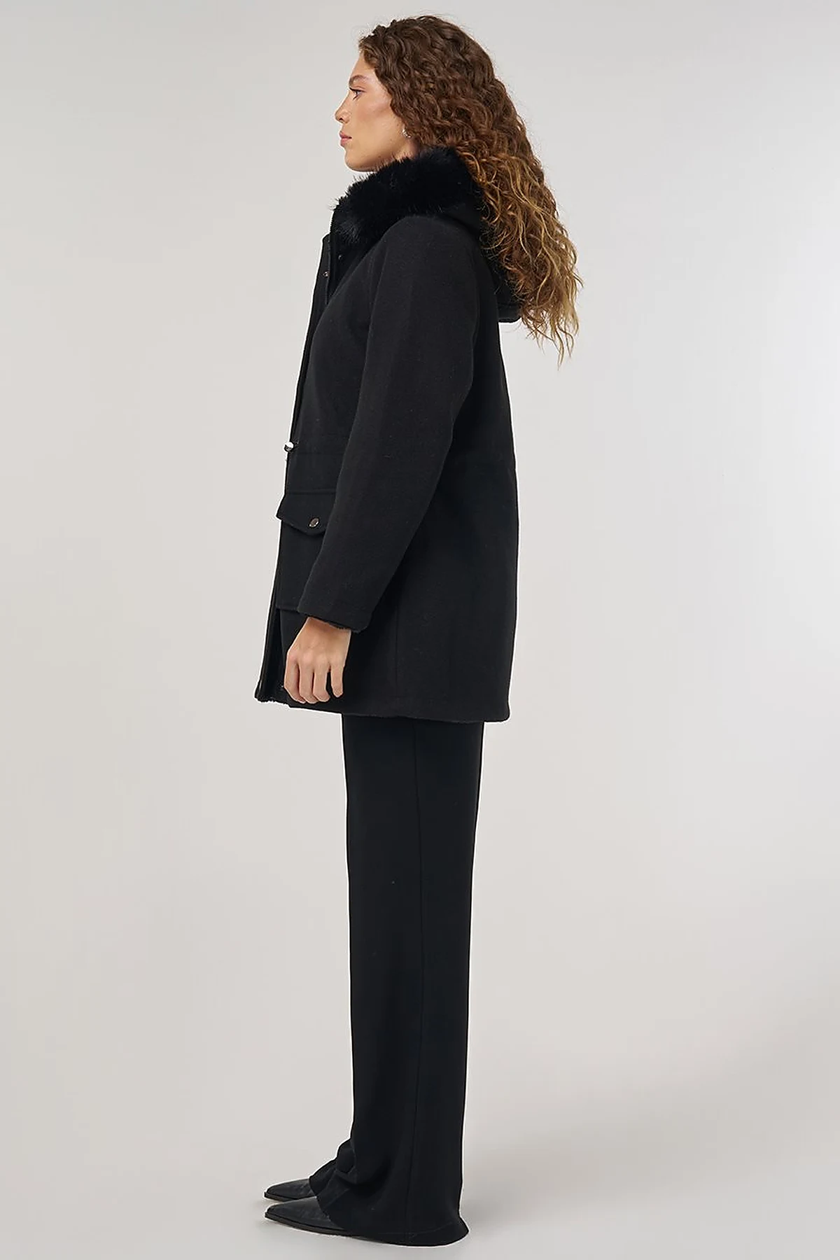 Reversible Coat with Fur Details Black