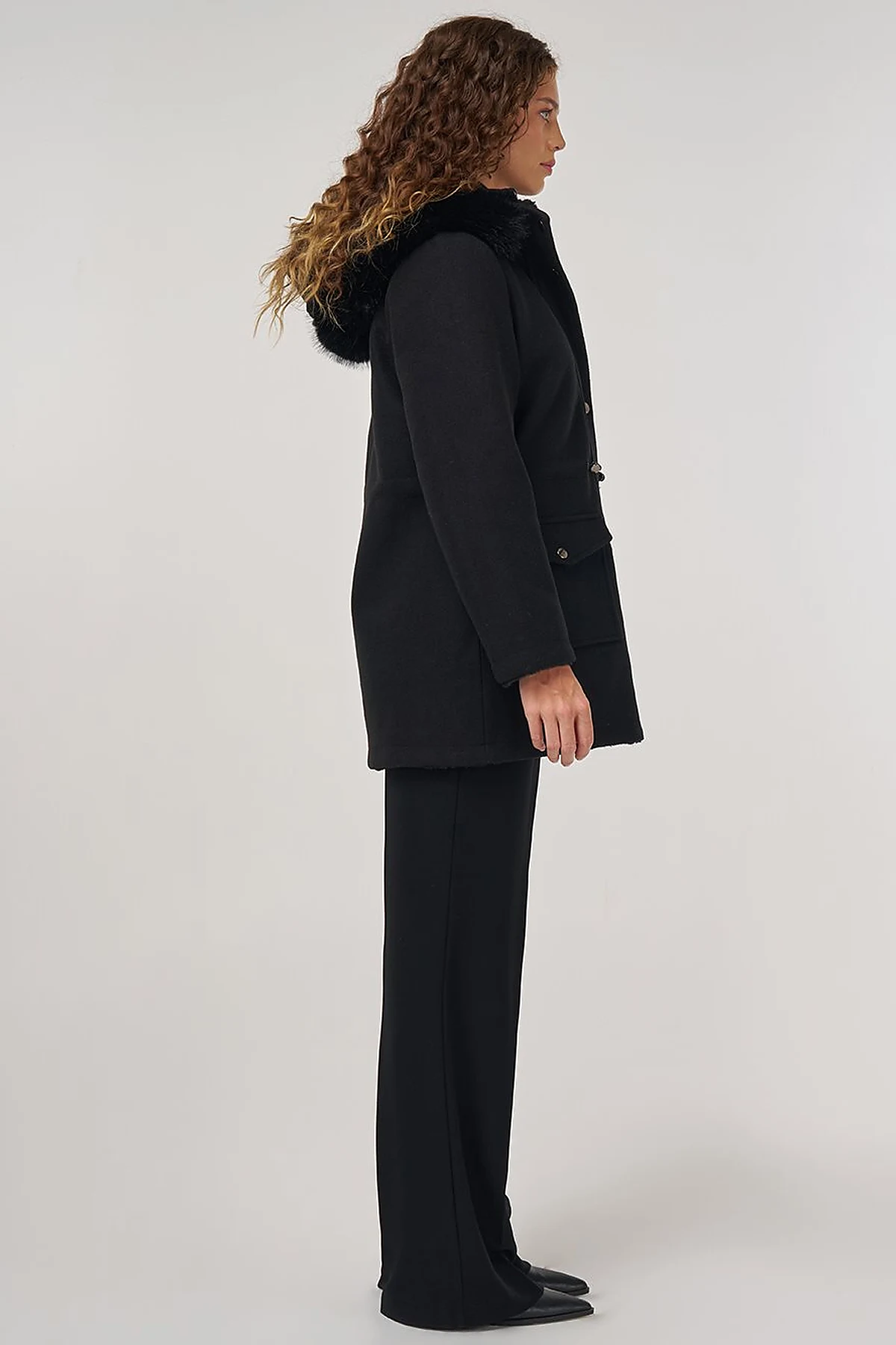 Reversible Coat with Fur Details Black