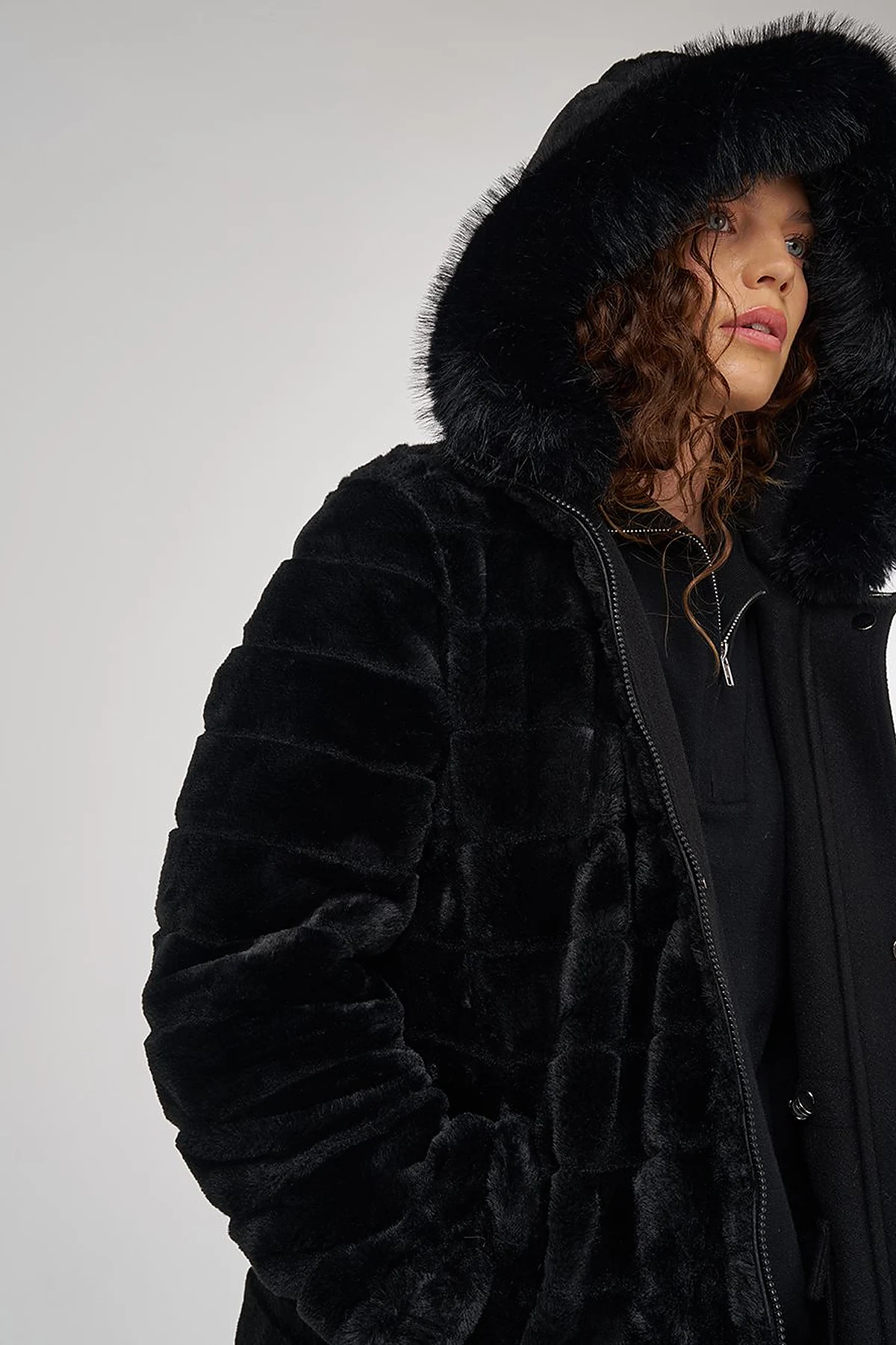 Reversible Coat with Fur Details Black