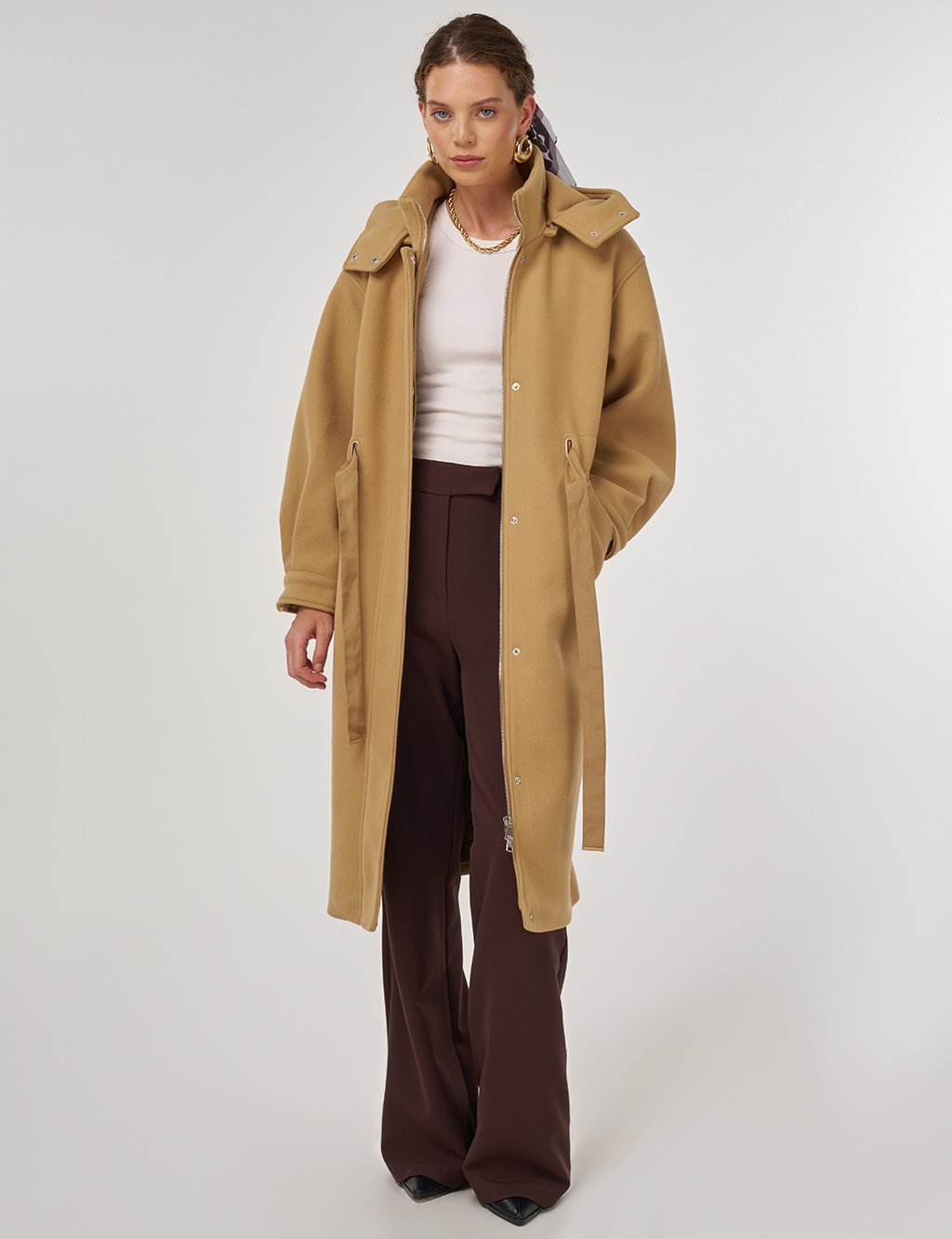 Kapüşonlu Kaşe Kaban Acı Kahve 