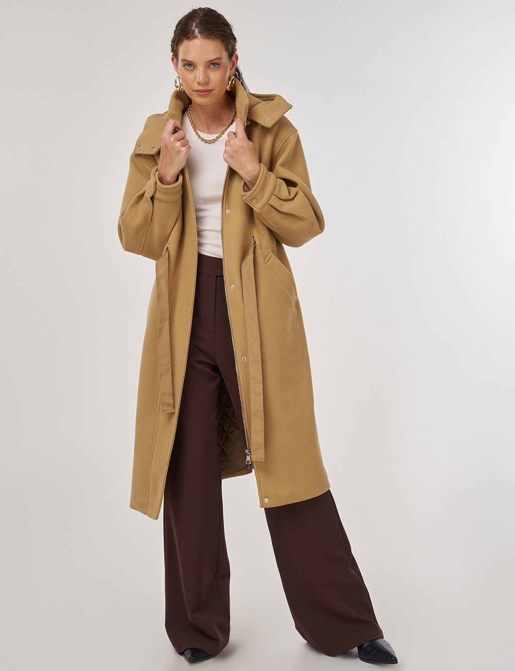 Kapüşonlu Kaşe Kaban Acı Kahve 