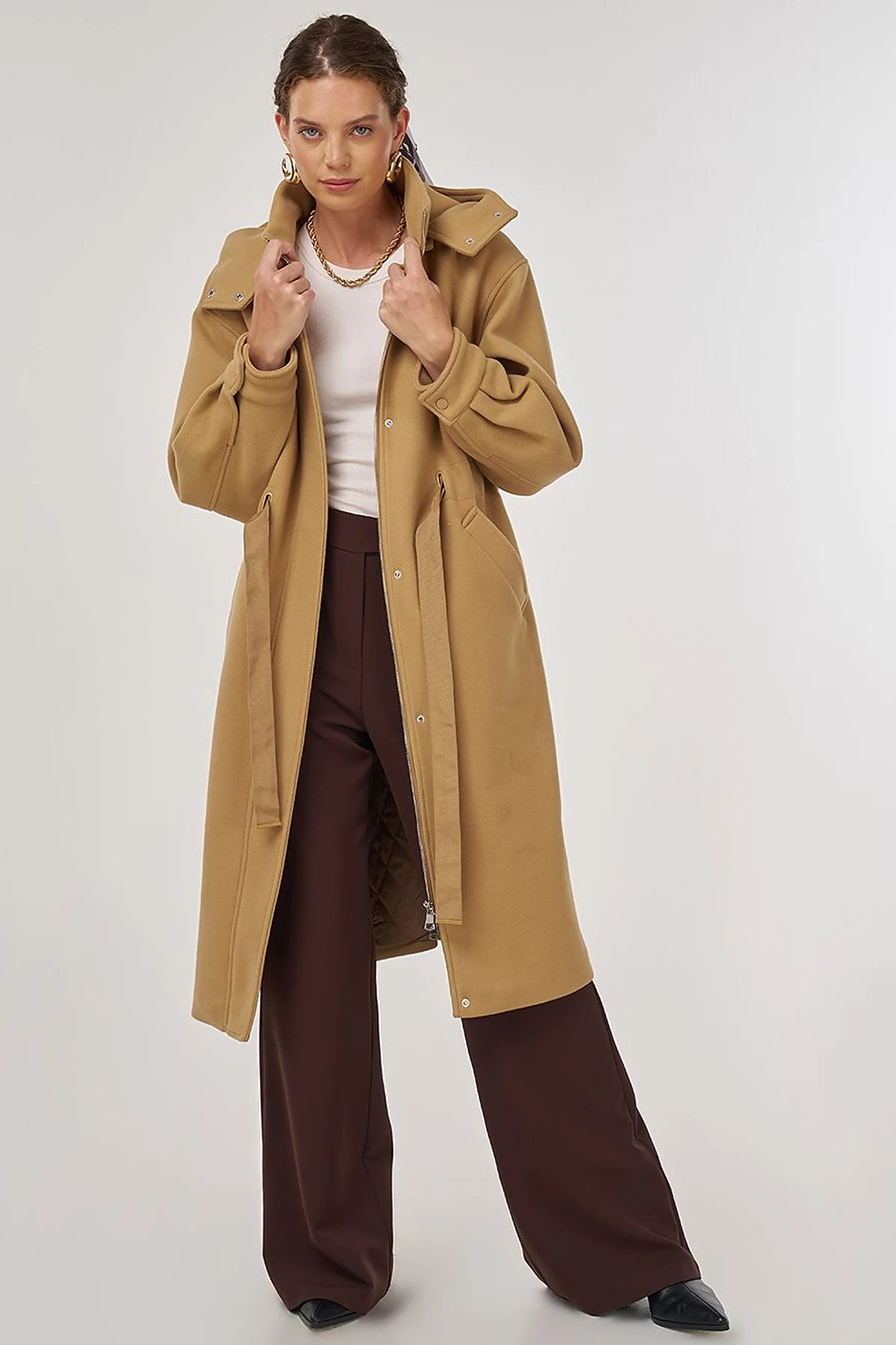 Hooded Wool-Blend Coat Beige 