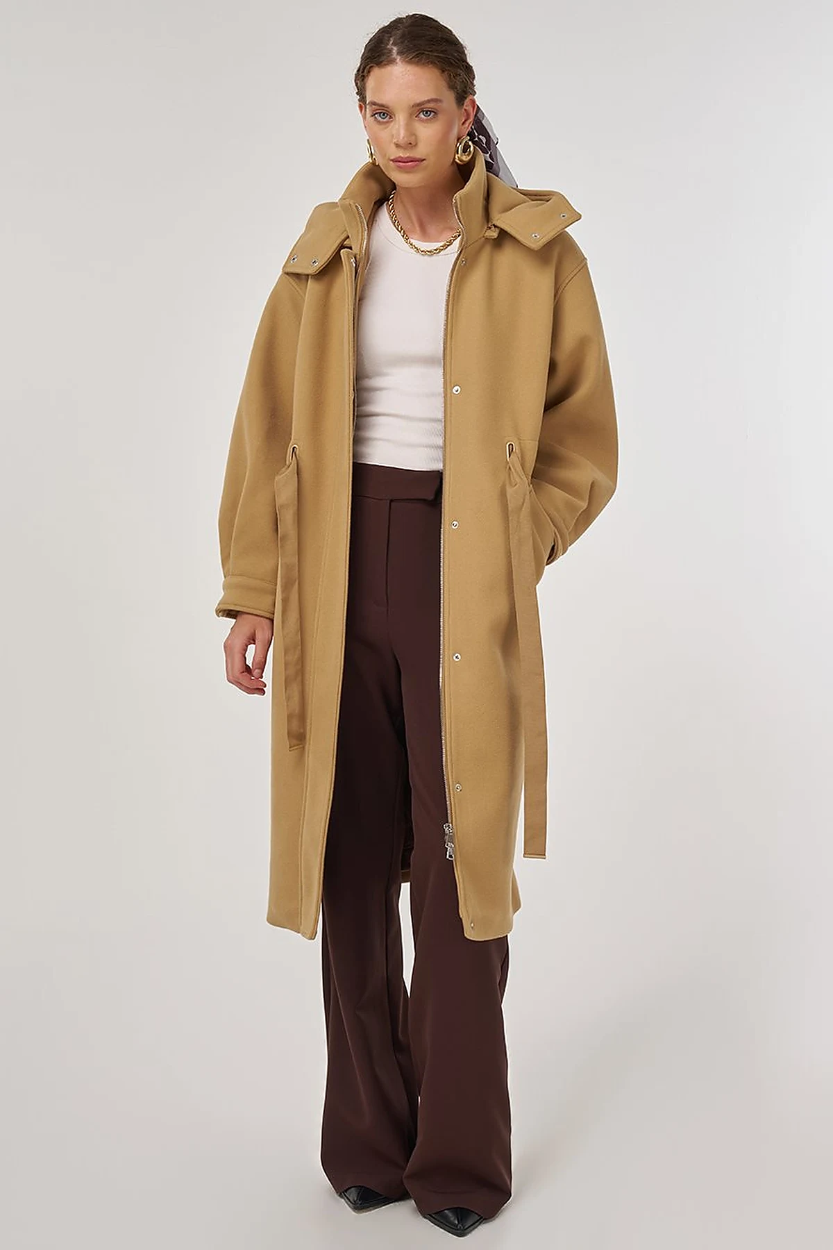 Hooded Wool-Blend Coat Beige 
